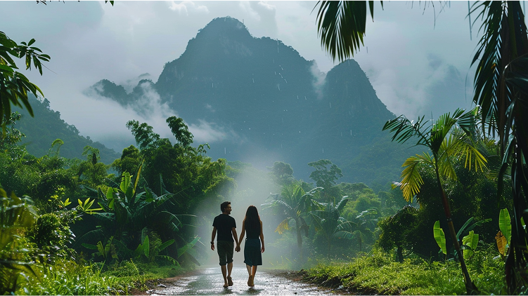 Walking meditation in nature - couple walking on a path through misty mountains